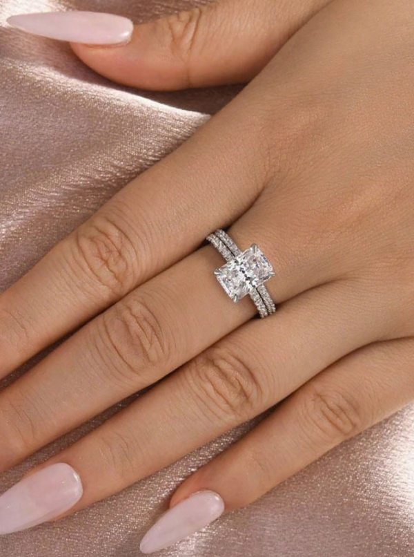 Single Row & Rectangular Wedding Ring Set - Image 6