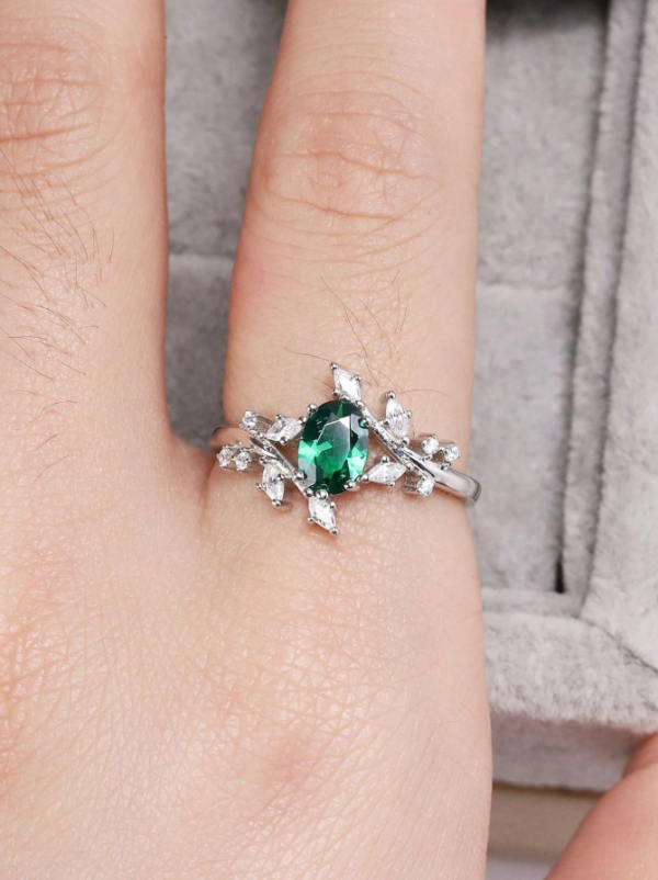 Silver Ring With Branch & Oval Shaped Green Gemstone - Image 2