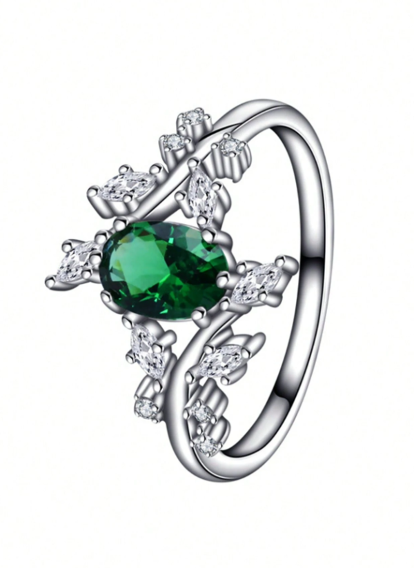 Silver Ring With Branch & Oval Shaped Green Gemstone - Image 3