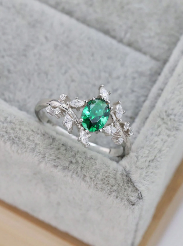Silver Ring With Branch & Oval Shaped Green Gemstone - Image 4